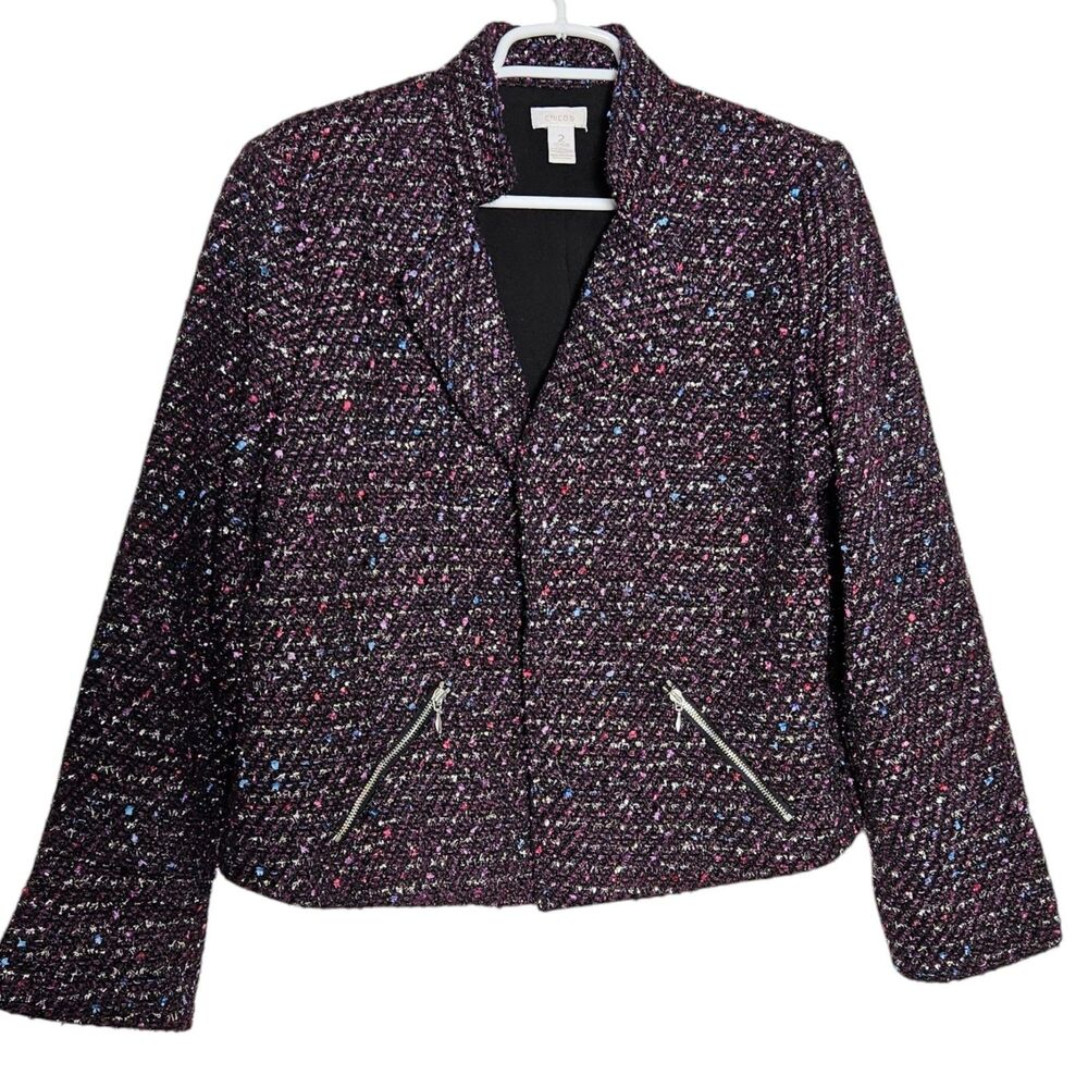 Chico's Purple Tweed Blazer Jacket Sz 2 Large Open Front  Career Work Wear